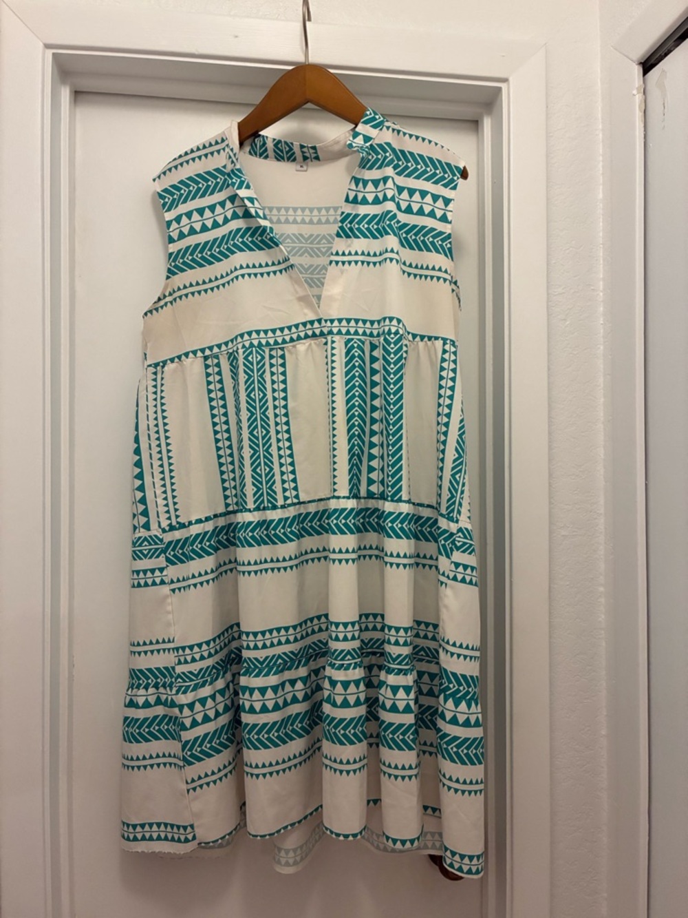 Sleeveless Teal and Cream Printed V-Neck Tiered Dress